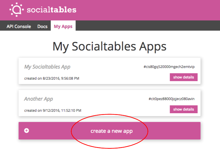 Screenshot of 'My Apps' page with 'create a new app' call to action circled in red.